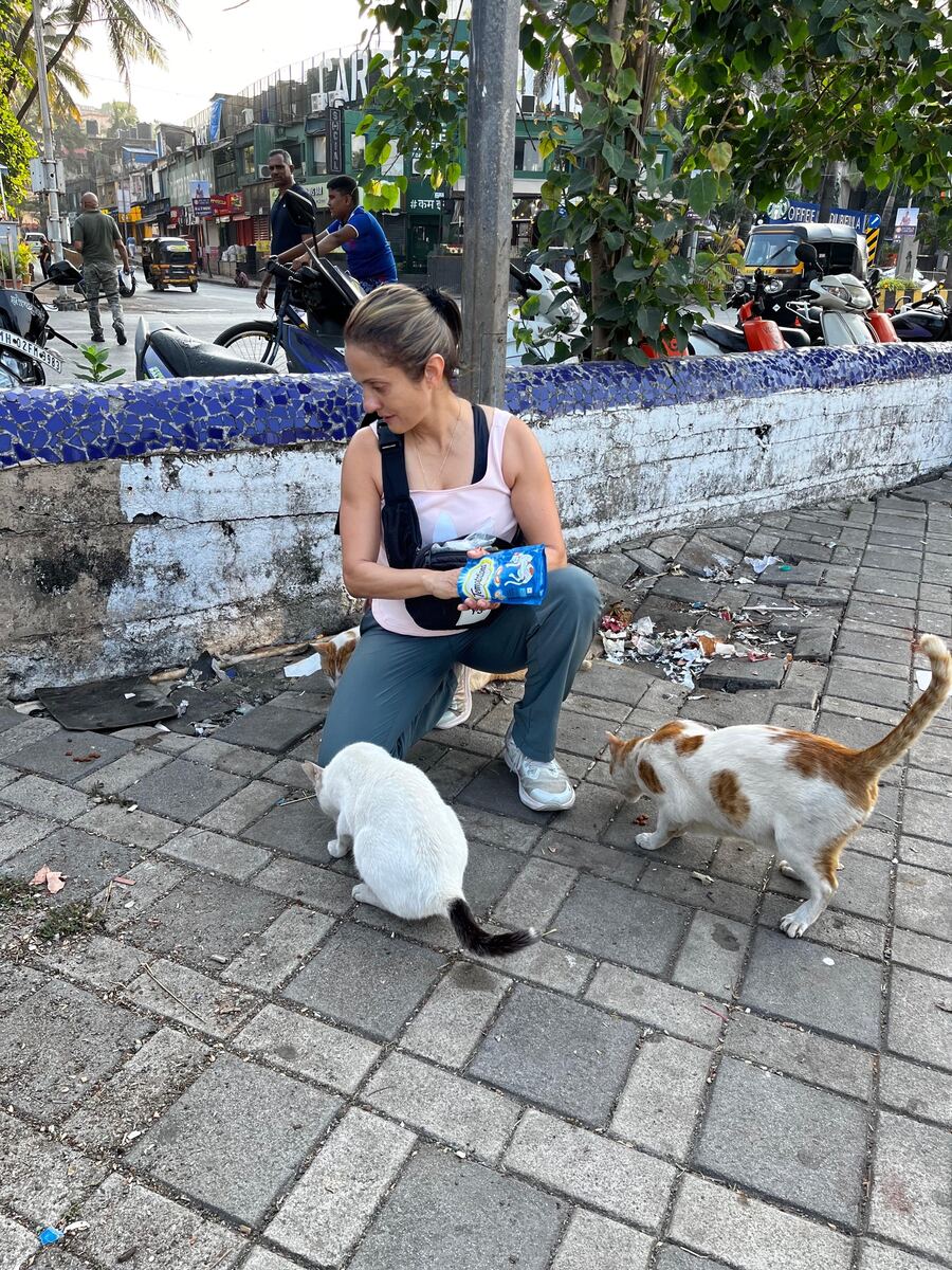 Sausan Bukhari crouching on a Carter Road pavement, feeding two community cats